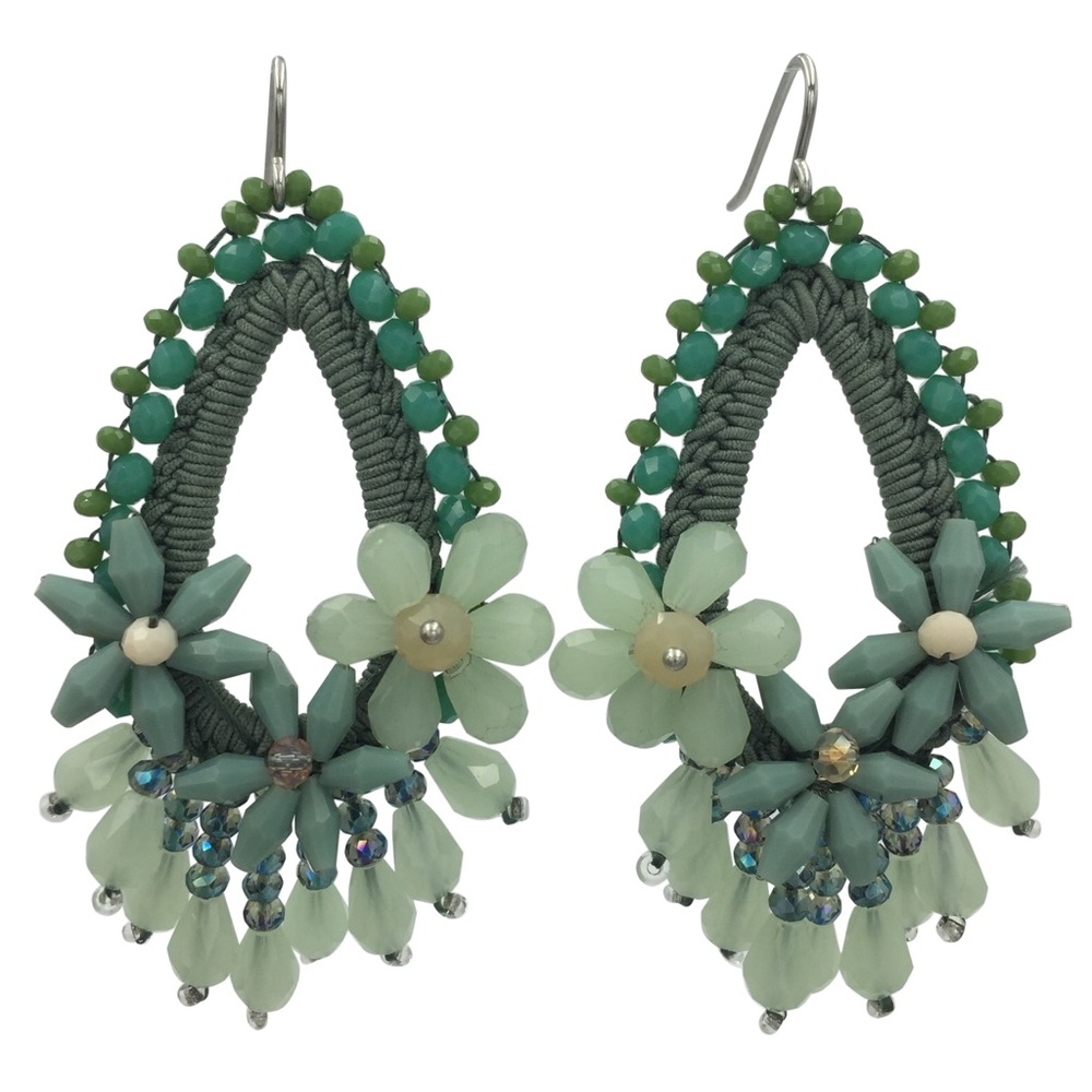 Handmade Green Tones Artesian Beaded Teardrop Flower Dangle Earrings